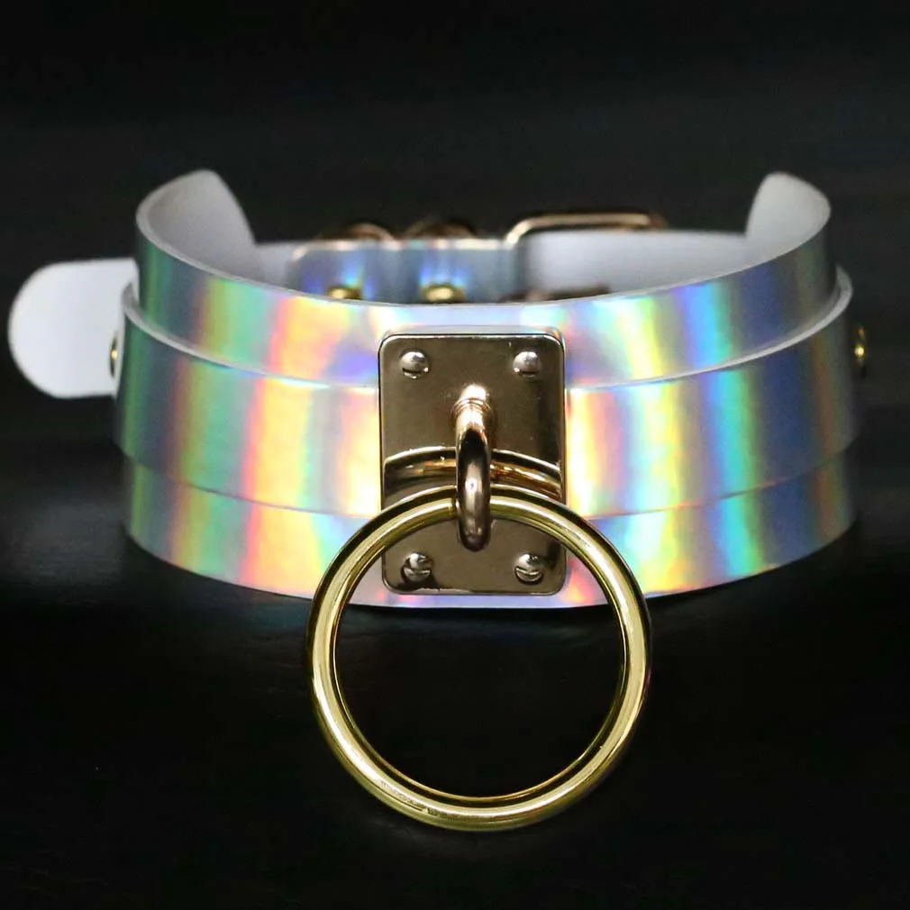 BDSM Fetish Woman Sexy Laser Color Ring Choker Collar Punk Choker Bangle Night Club Rave