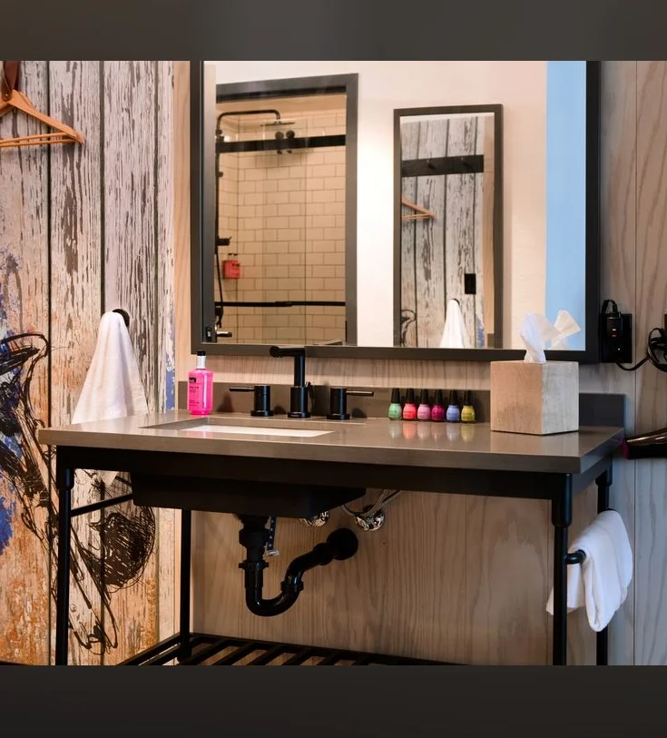 Traditional ceramic wash basin lavatory Black Metal pipe Frame Undermount Double Sink Vanity pedestal Gray Faux Concrete Top