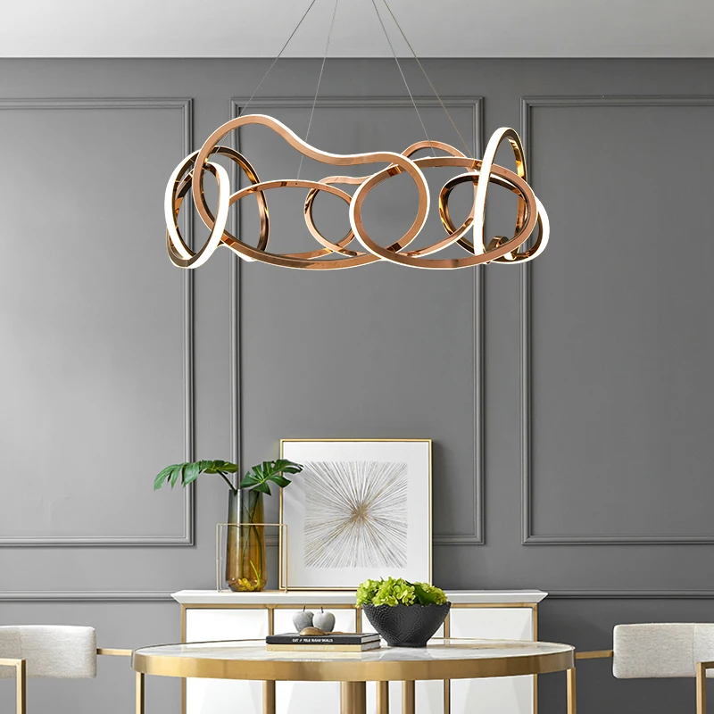HITECDAD luxury stainless steel round chandelier irregular hollow circle chandelier simple personality inside and outside  light