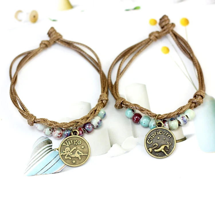 Amazon Best Sale 12 Zodiac Sign Astrology Horoscope Bracelet Custom Vintage Ceramic Bead Woven Plate Women Wrist Chain