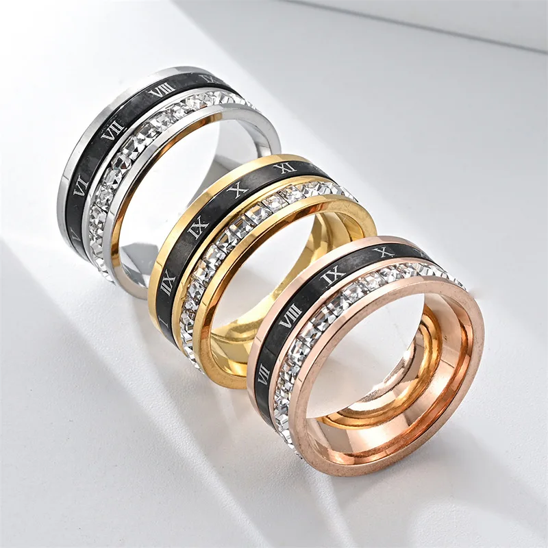 2024 New China Wholesale Hip Hop Fashion Jewelry For Men Crystal Rhinestone Beaded 8mm Black Roman Numeral Stainless Steel Ring
