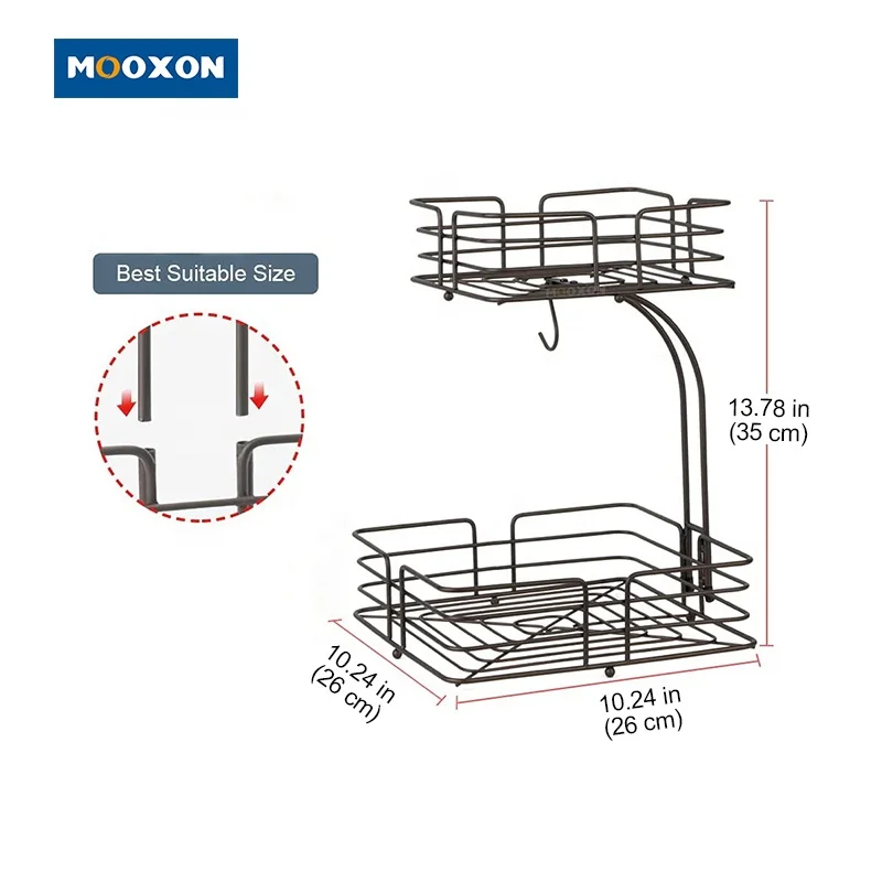 OEM 2-Tier Square Black Organizer Metal Fruits Holder Banana Hanger Kitchen Storage Fruit Vegetables Basket Bowl for Countertop
