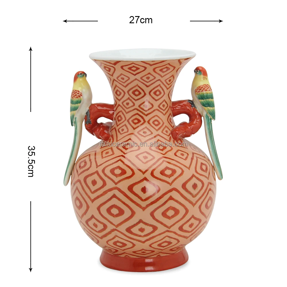 V108 Oriental style bird handle red porcelain vases hand painted chinois antique vase for decoration