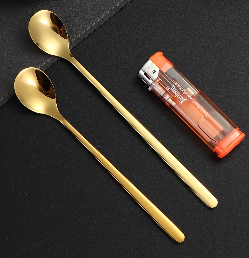 Golden Round Stainless Steel Teaspoon Long Handle Tea Spoon Latte Mixing Gold Cutlery Spoon Set Ice Cream Coffee Spoons