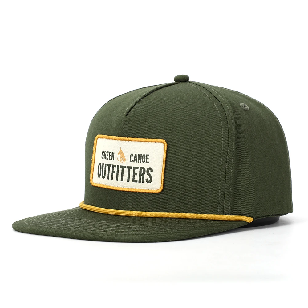 BSCI Oem Custom High Quality Classic 5 Panel Army Green Cotton Embroidery Woven Patch Logo Rope Snapback Cap Hat