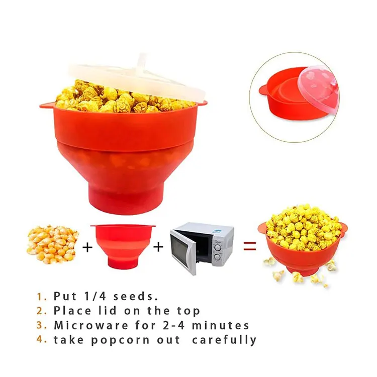 High Quality Silicone Collapsible Popcorn Maker With Lid Silicone Popcorn Bowl