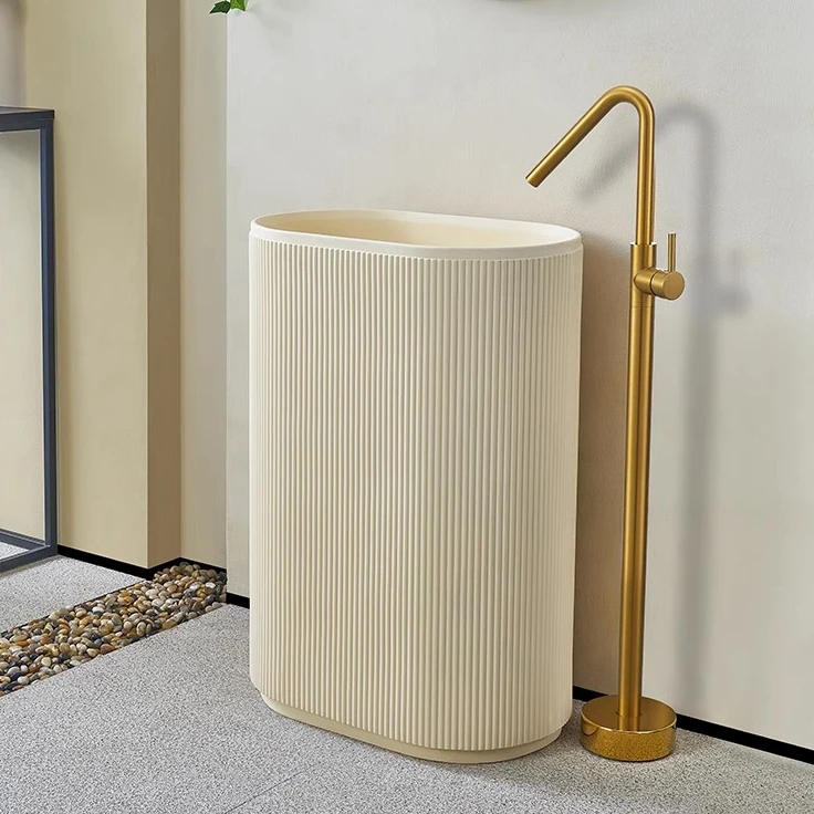 High Quality Cream Color Artificial Stone Floor Standing Solid Surface Bathroom Hand Wash Basin With Pedestal