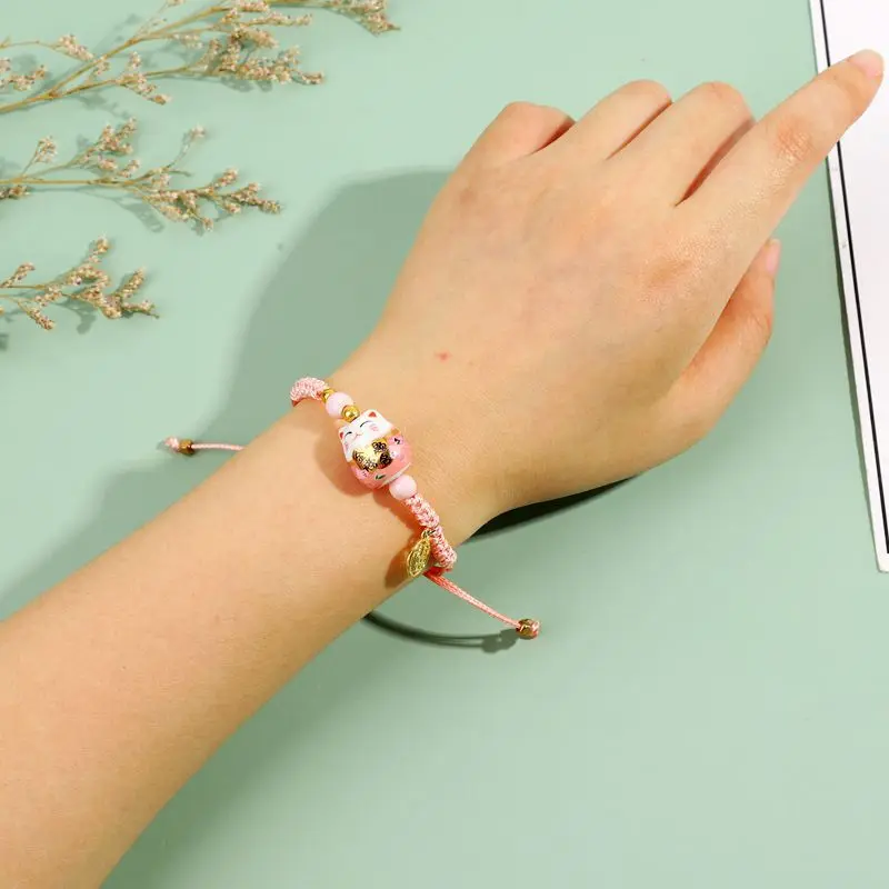 Simple Cute Ceramic Cat Braided Rope fortunate charm bracelets bulk for fresh student girlfriends