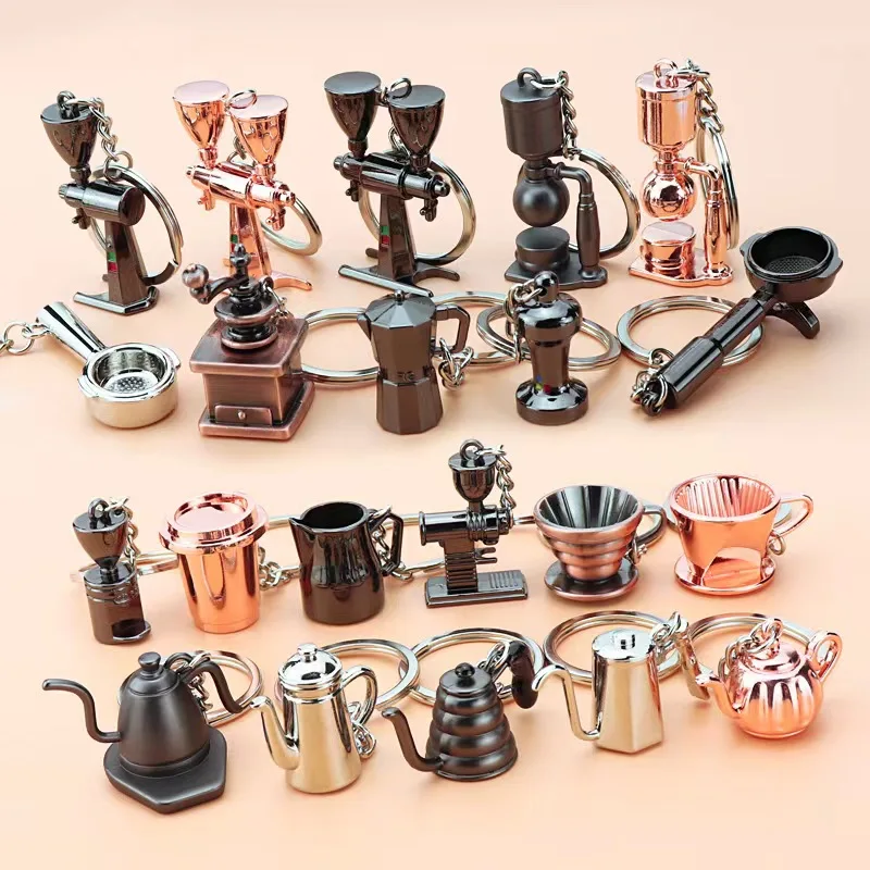 Barista tools 3D metal coffee accessories keychains mini keyring coffee portafilter cups keychain coffee tapmers