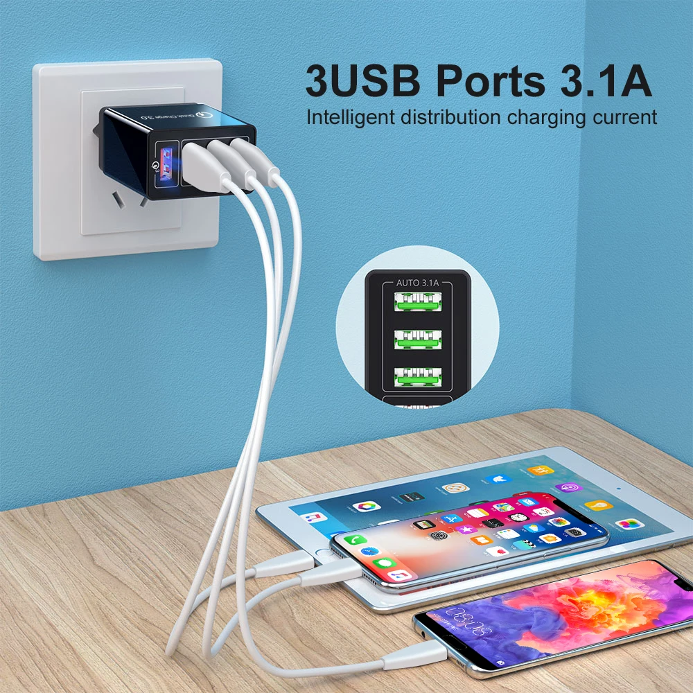 EU/US/UK Plug 3.1A 4 Port USB Wall Charger QC 3.0 Travel Charger Adapter