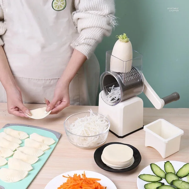 Multifunctional 3 Blade Vegetable Mandoline Slicer Manual Drum Rotary Cheese Grater