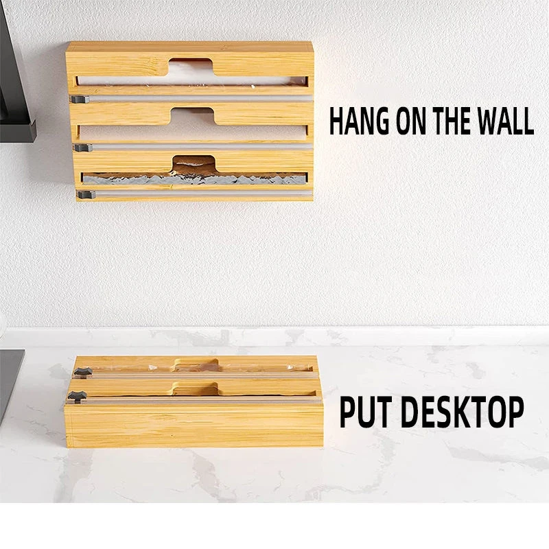 2 in 1 Bamboo Wood Aluminum Foil Kitchen Roll Organizer Holder and Paper Plastic Wrap Dispenser Storage With Zipper Cutter