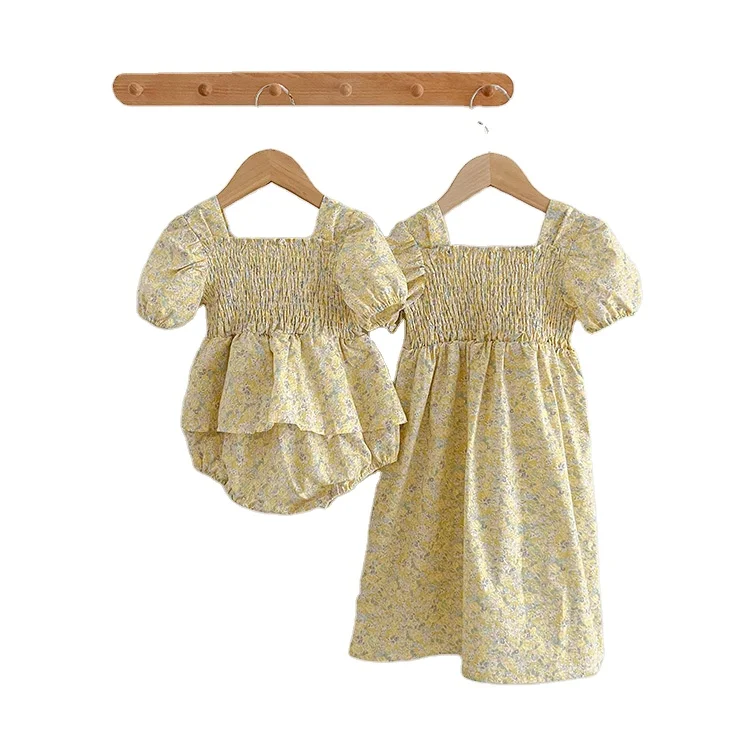 Floral Dress Summer Puff Sleeve hign-end Design Square Collar Infant Romper Party Boutique Smocking Kids Girls Dress