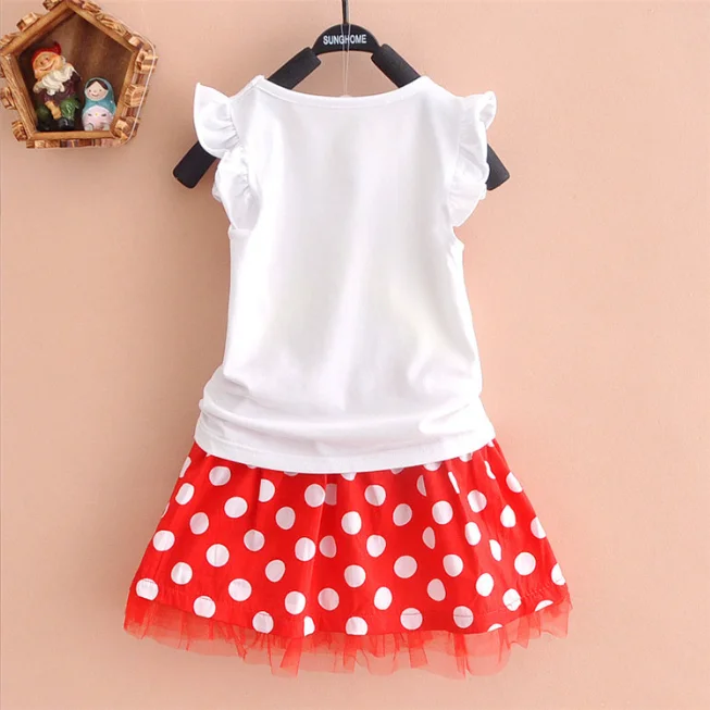 Girls Lovely Style Cartoon Fly Sleeve Top Polka Dot Mesh Skirt Summer Set