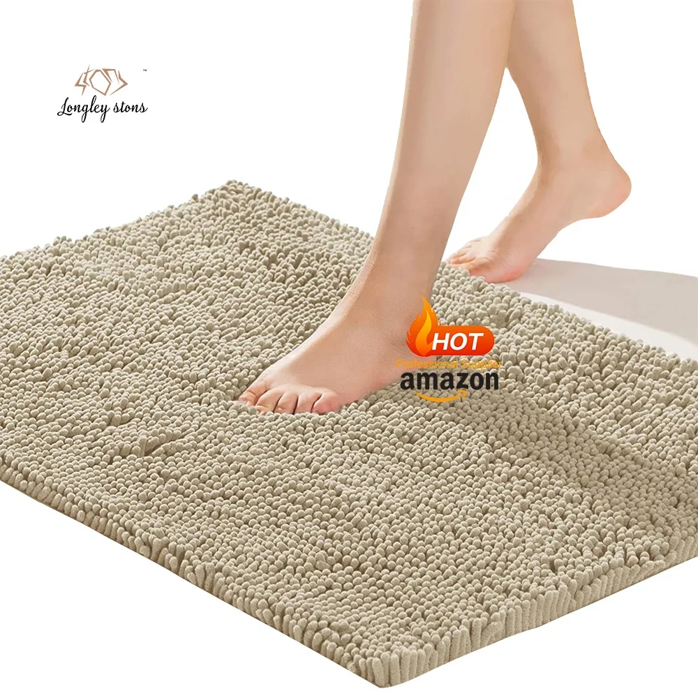 Custom High Hair Chenille Anti Slip Bath Room Mat Shaggy Absorbent Washable Bathroom Rug Solid Color Waterproof Floor Bath Mat