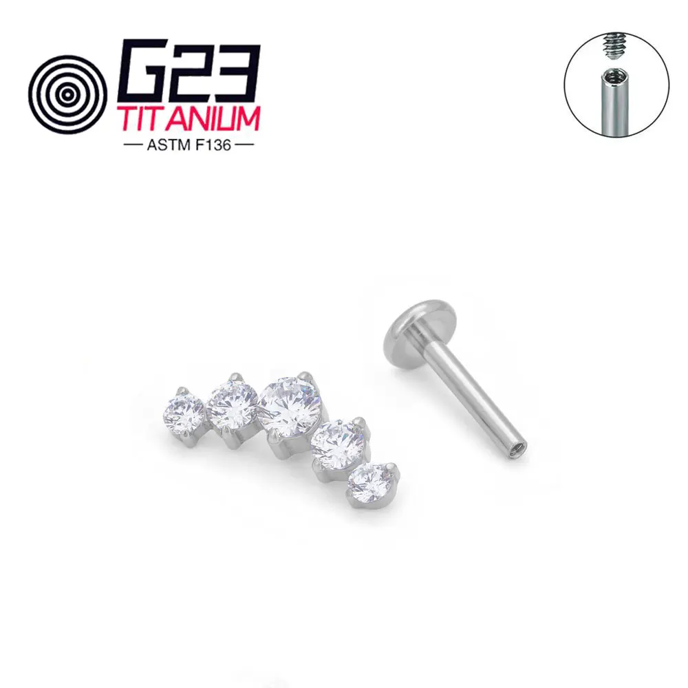 Wholesale G23/ASTM F136 titanium 5 CZ Ear Piercing Lip Labret Lip Rings Earring Studs Piercing Jewelry