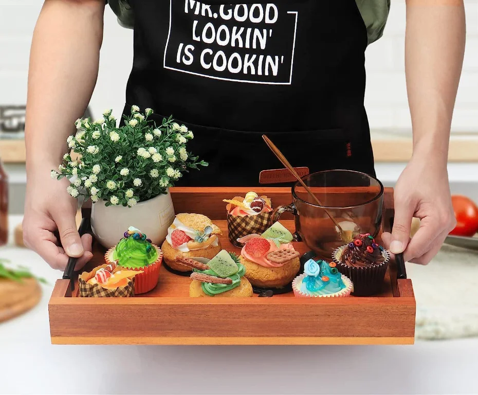 High Quality Wooden Serving Tray With Metal Handle Rectangle Acacia Wood Tray For Home Restaurant Hotel