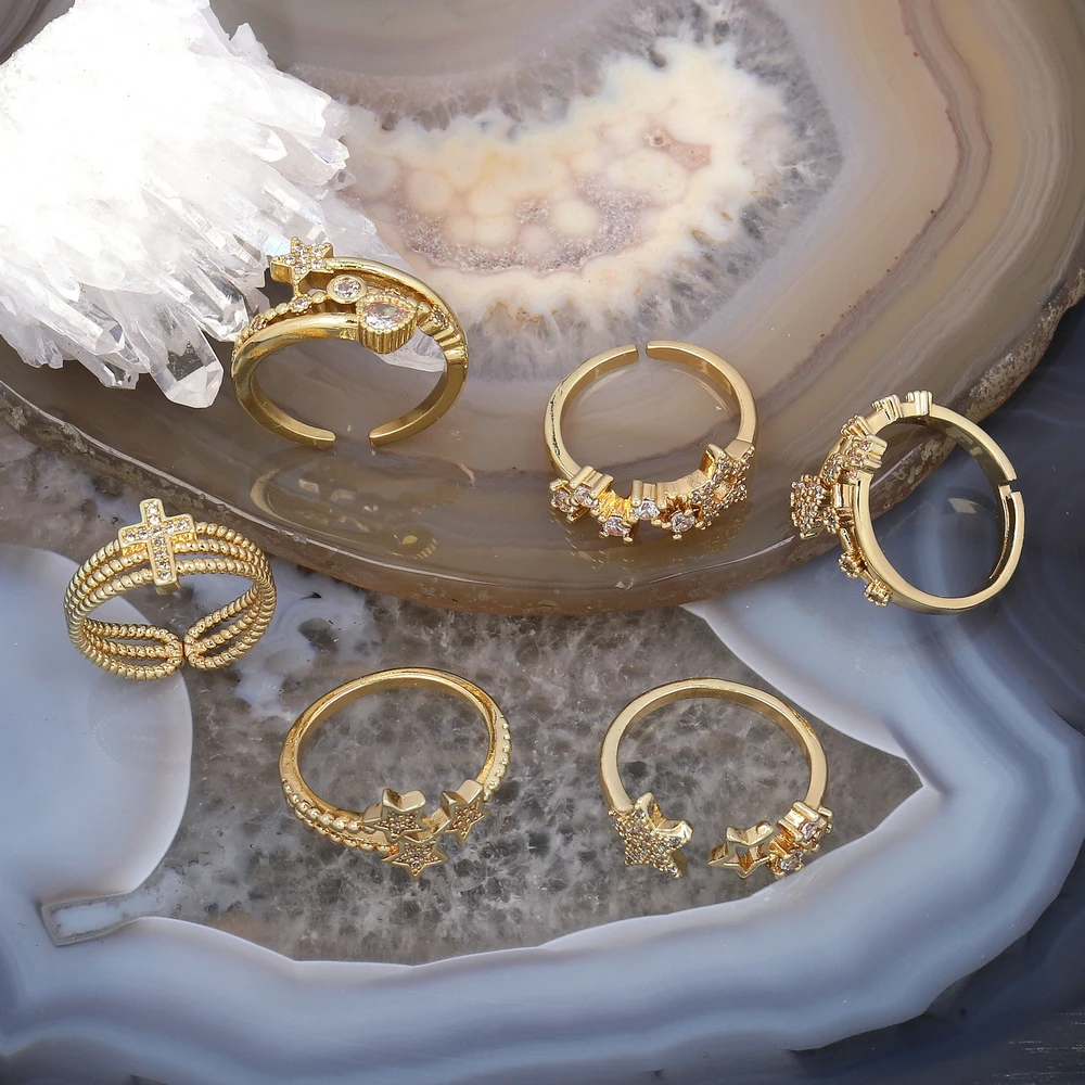 Hot Sale Delicate Bling Gold Plated Diamond Cubic Zircon CZ Pave Star Cross heart shape Charm Finger Rings for Women Girls