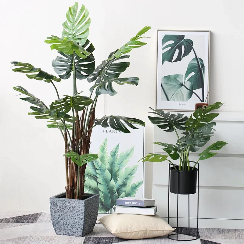 Decor Plastic Leaf Artificial Bonsai Variegated Tree Monstera Deliciosa