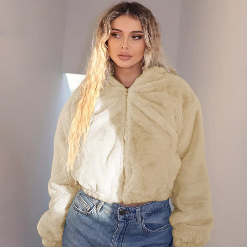 2023 Autumn New Fashion Cardigan Zipper Hooded Plush Long Sleeve Woolen Fur Warm Jacket Coat For Women