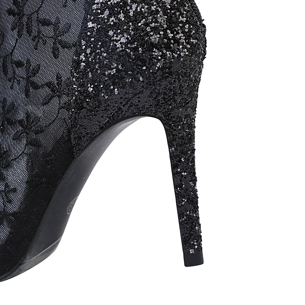 316-3 BIGTREE Fashionable stiletto boots for women Sequin lace is sexy Transparent mesh ankle boots New ankle boots for 2020