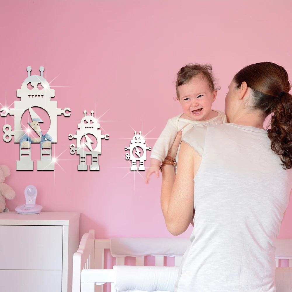  FUNLIFE самоклеящаяся мультяшная наклейка робот Зеркальная Наклейка на стену украшение для детской комнаты 3D 1