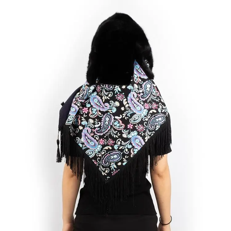 DH IATOYW wholesale tassel hooded fur cape women real mink fur hat winter fur scarf