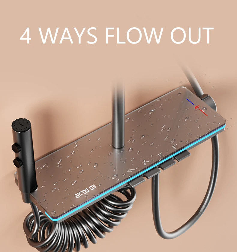 TikTok Trend Copper Exposed Shower Mixer Piano Key 4 Functions LED Digital Atmosphere Ambient Lighting Rainfall Shower Set