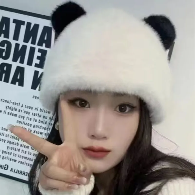 Wholesale Customized Bears Ears Plush Beanie Hat Comfortable Fuzzy Hairy Fur Winter Warm Hat