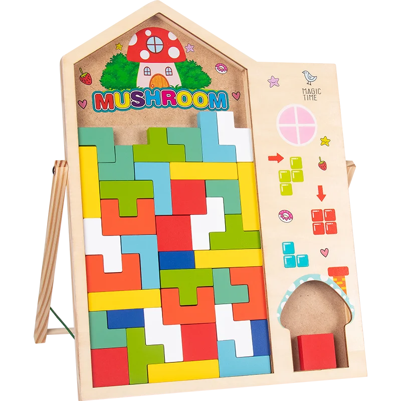 Wooden Puzzle Educational Toy Geometric Shape Cognitive Russian Blocks Stacking Tangram Jigsaw Game for Kids