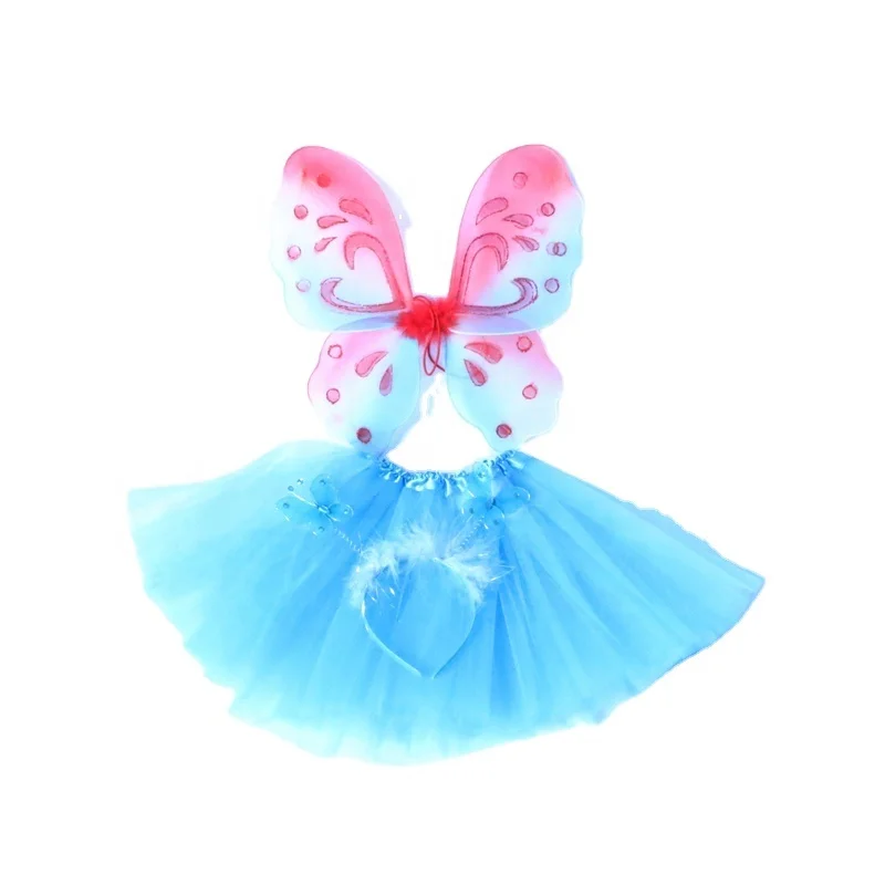Party Girls Fairy Costumes With Wings Headband blue Tutu Skirt Set