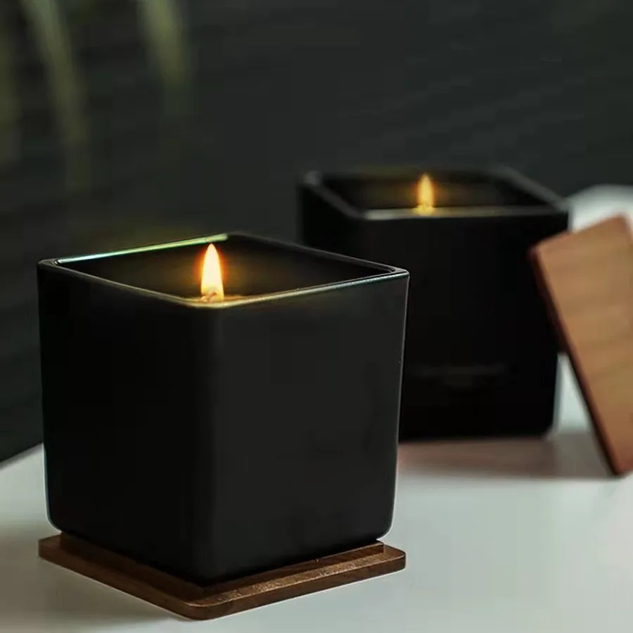 Customized Square Frosted Glass Candle Jar Ceramic Candle Vessel With Lid Black For Interior Decoration