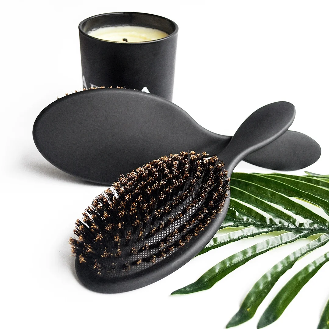 Low MOQ Private Label Black 100% Boar Bristle Massage Scalp Paddle Hair Brush