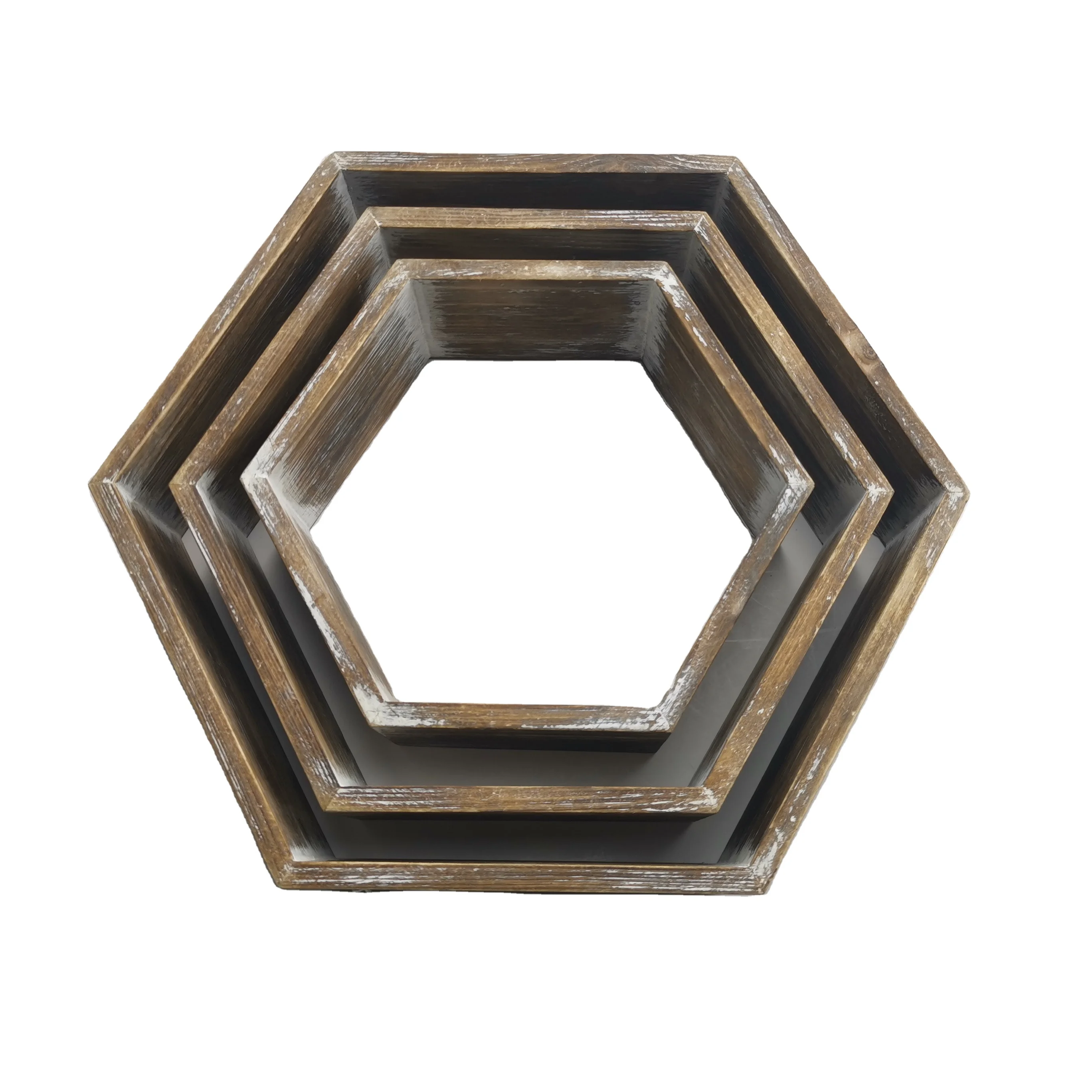 3 Pieces Farmhouse Home Decor Shelving Set Geometric Display Wooden Hexagon Wall Shelf For Bedroom Living Room