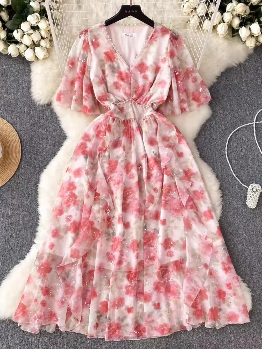 Manufacturers wholesale 2024 Fashion Slim Summer New fringe Lace dress Ladies Fluffy short sleeve elegant dress