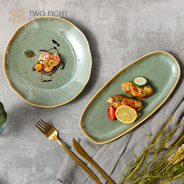 Wholesale Green Glazed Dinner Plates Sets Dinnerware Restaurant Tableware Supplier Rustic Porcelain Ceramic Dishes Plates Set