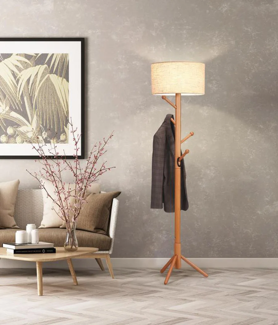 Bamboo Wooden Coat Rack Clothes Stand Garment Hanger with 8 Hooks Shelves for Hats Scarves Handbags