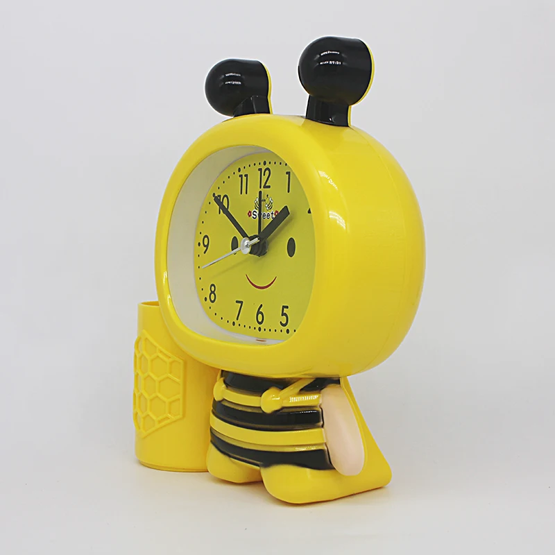 Cartoon alarm clock children learning with pen holder desktop clock jumping seconds yellow alarm clock