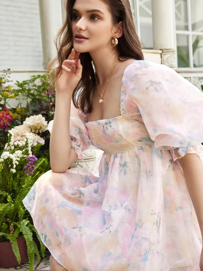 2022 Hot Sale Women Cheap Elegant Flower Printed Organza Mini Dress Ins Hot Young Girls Puff Sleeve Purple Princess Cute Dresses