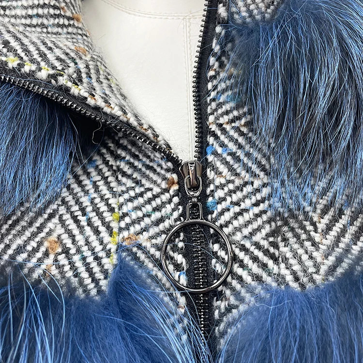 Fashion winter fluffy jacket luxury low price woman blue real fox fur coat
