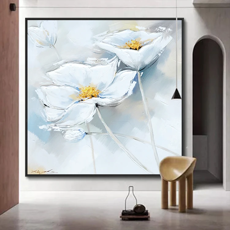 Abstract Modern Art White Flower Handmade Canvas Oil Painting For Wall Decor