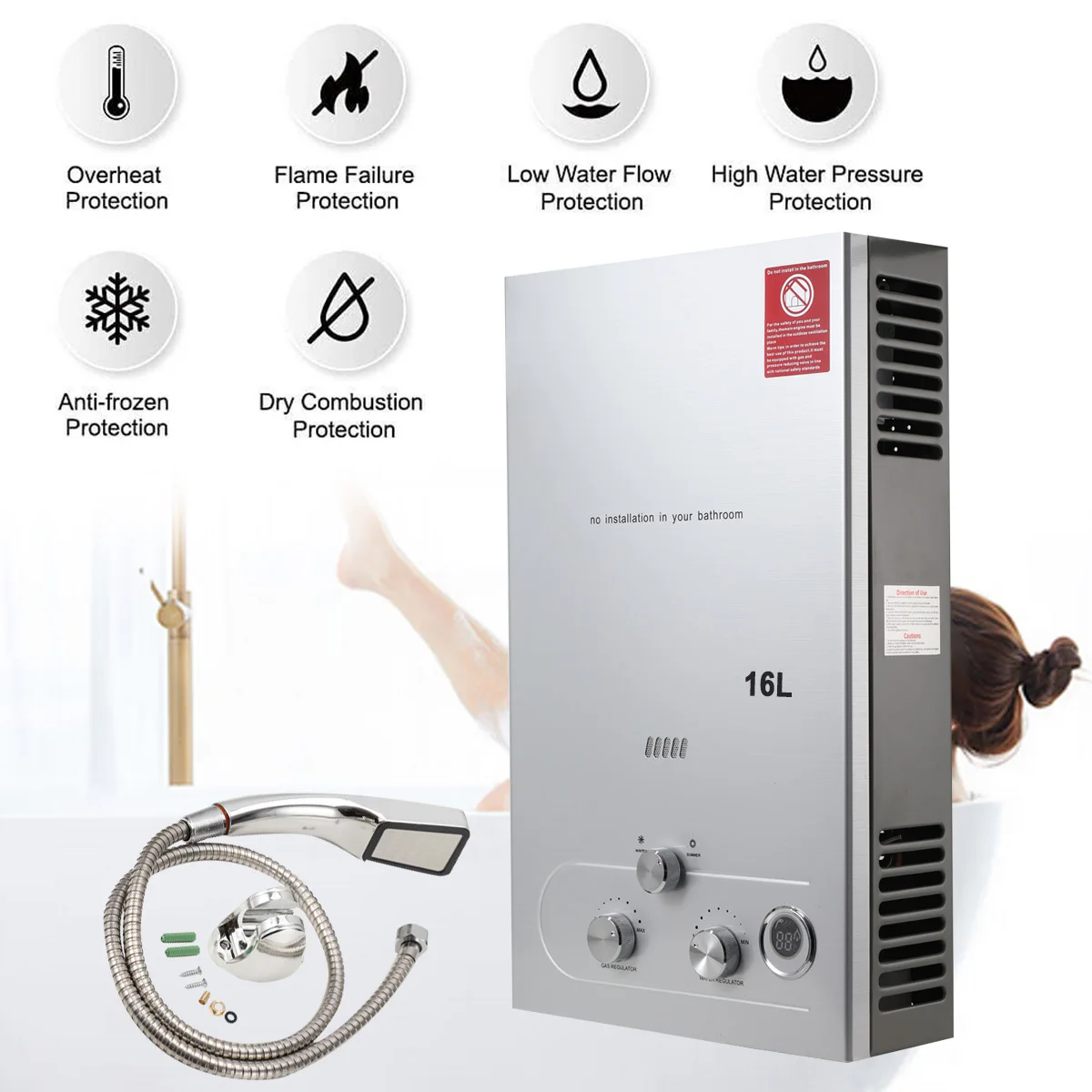 16L Portable Stainless Steel Instant Gas Burner Water Heater Liquid Propane Tankless  LPG Gas Geyser Boiler