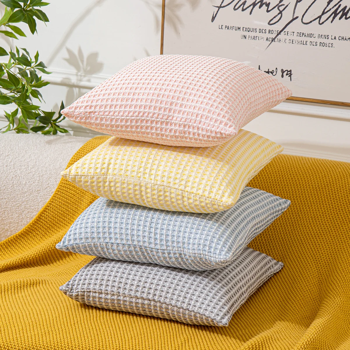 Elegant Home Decorative Cotton Waffle Textured Decorative Cushion Cover, Solid Color Throw Pillow Covers for Sofa Decor