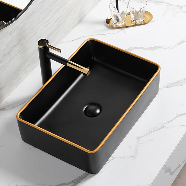 Custom Design Countertop Matte Black Ceramic Bathroom Sink Modern Black And Gold Line Art Wash Basin