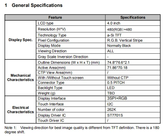 
4.0inch square tft lcd with 480x480 resolution and CTP 