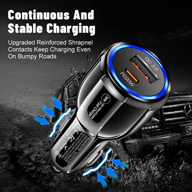 USB C Car Charger 38W 5V3A Type PD Quick Charge 3.0 Cigarette Lighter Phone Adapter For Phone 12 13 Pro Xiaomi Huawei Sa