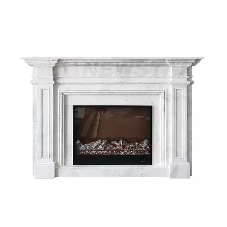 Newstar Stone Modern Unique Luxury Design Minimalist Carving Indoor White Natural Marble Fireplace