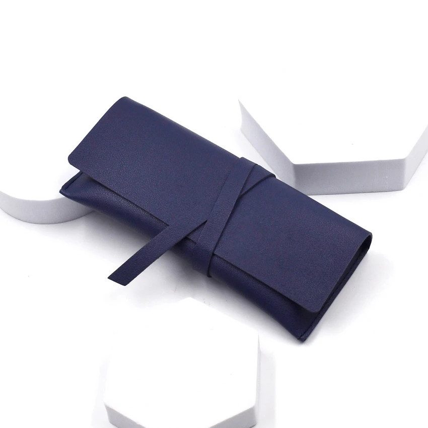 blue PU leather glasses case with strap closure
