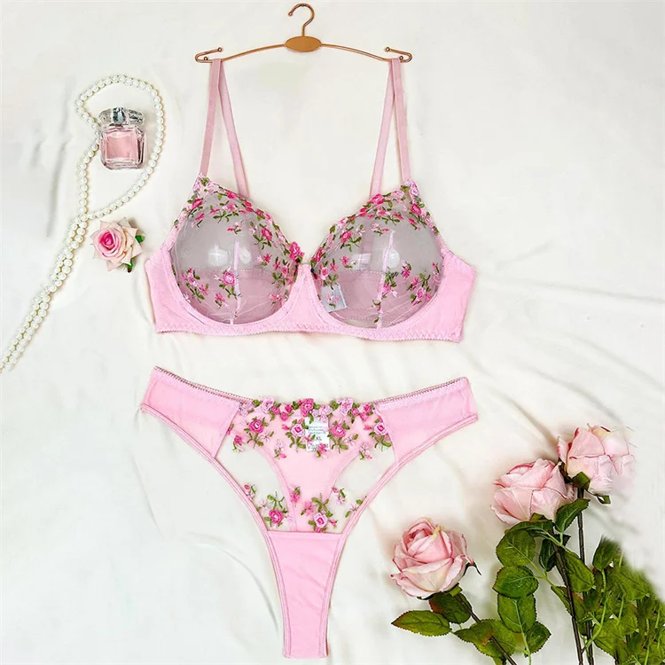 New Fat MM Sexy three-point backless Transparent Lace C Embroidery Sexy Underwear Set