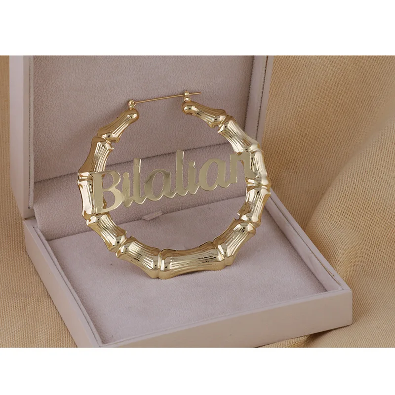  14 K Gold Plated Customized Alloy Metal Geometric Hoop Hip Hop Bamboo Knots Letters Earrings For